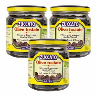 3x Zuccato Antipasti Olive tostate "getrocknete Schwarze Oliven", 180 g