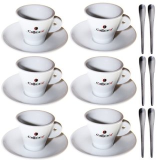 3x Caffeista Espresso Set, 2 Tassen & Untertassen + 2 Espressolöffel, weiß, 70 ml
