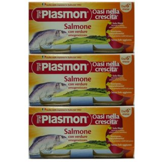 3x Plasmon Babynahrung Salmone con verdure Homogenisiert "Lachs mit Gemüse", 2x 80 g