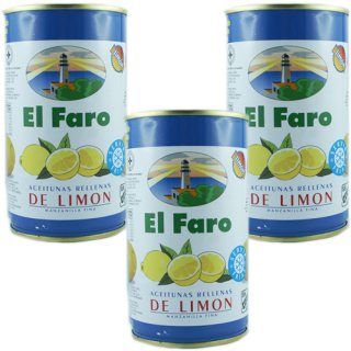 3x El Faro "Grüne Oliven mit Zitronenpaste" Manzanilla-Oliven in Lake, 350g