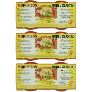 3x Argodey Fortaleza Mojo Picón Mojo de Cilantro "Scharfe Paprika + Koriandersauce", 2x 120 ml