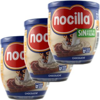 3x Nocilla Chocoleche Spanische Kakao und Milchcreme, Brotaufstrich mit Haselnüssen, 180g