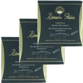 3x Ramon Pena Sardina Pilchardus "Sardinen in Pikantem Olivenöl" 20/25, 130 g