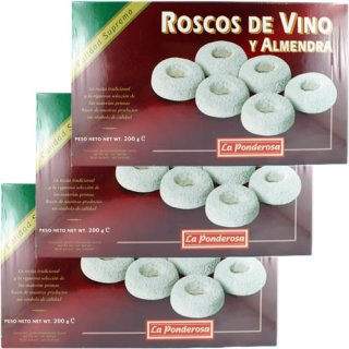 3x La Ponderosa Roscos de Vino y Almendra  "Spanisches Weihnachtsgebäck" Schmalzgebäck mit Wein aus Spanien, 200 g
