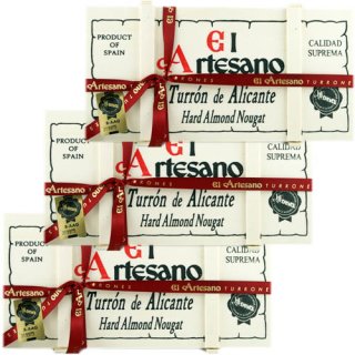 3x El Artesano Turrón de Alicante "Harter Alicante Nougat mit Mandeln und Honig" in Holzbox, 200g