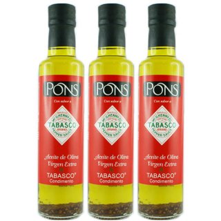 3x Pons Olivenöl Extra Vergine mit den Gewürzen von "TABASCO" Chili Olivenöl, 250 ml
