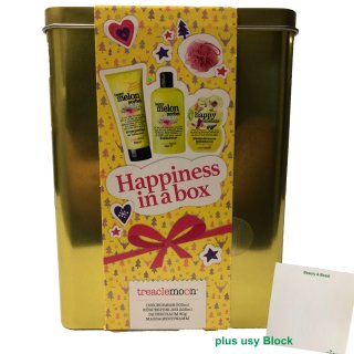 treaclemoon Geschenkset Happiness in a box Metallbox (Duschcreme, Körperpeeling,Badeschaum, Massageschwam) & usy Block