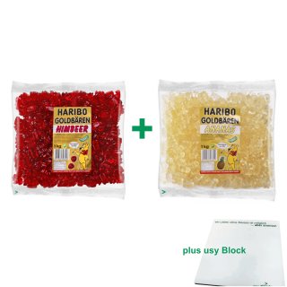 Haribo Goldbären Testpaket Ananas & Himbeere (je 1kg sortenrein) + usy Block