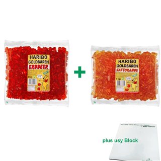 Haribo Goldbären Testpaket Erdbeere & Orange (je 1kg sortenrein) + usy Block