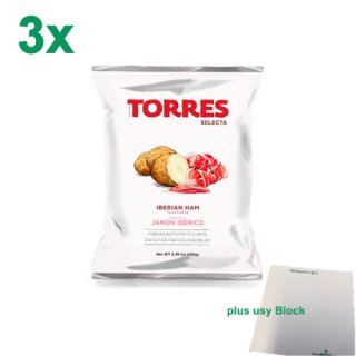 Torres Selecta Trufa Negra Jamón Ibérico Premium Kartoffelchips "Mit Ibérico Schinken" 3er Pack (3x150g) + usy Block