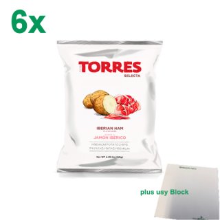 Torres Selecta Trufa Negra Jamón Ibérico Premium Kartoffelchips "Mit Ibérico Schinken" Officepack (6x150g) + usy Block