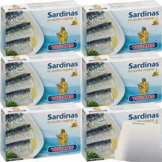 Vigilante Sardinen in Pflanzenöl, Sardinas en aceite vegetal 6er Pack (6x120g Dose) + usy Block