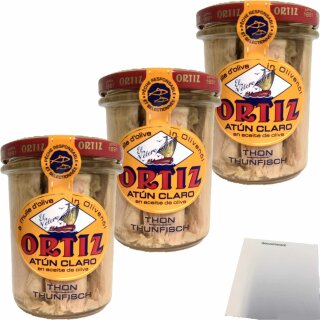 Conservas Ortiz Atún Claro, feinster Gelbflossen-Thunfisch in Olivenöl 3er Pack (3x220g Glas) + usy Block