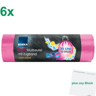 Edeka Duft-Müllbeutel mit Zugband pink 35l 6er Pack (6x12 Beutel) + usy Block