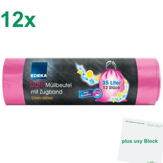 Edeka Duft-Müllbeutel mit Zugband pink 35l 12er Pack (12x12 Beutel) + usy Block