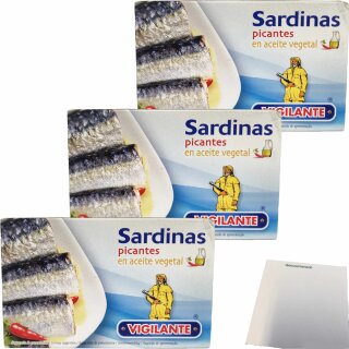 Vigilante "Kleine Sardinen in Pflanzenöl scharf" Sardinas en aceite vegetal picante (3x120g Dose) + usy Block