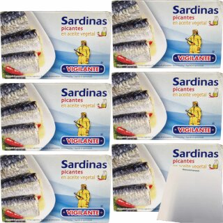 Vigilante "Kleine Sardinen in Pflanzenöl scharf" Sardinas en aceite vegetal picante (6x120g Dose) + usy Block