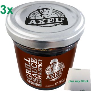 Axel Schulz Axels Grillsauce Hot & Spicy 3er Pack (3x150g Glas) + usy Block
