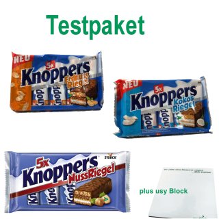 Knoppers Riegel Testpaket (je 5x25g Riegel Erdnuss & Kokos & 5x40g Riegel Classic) + usy Block