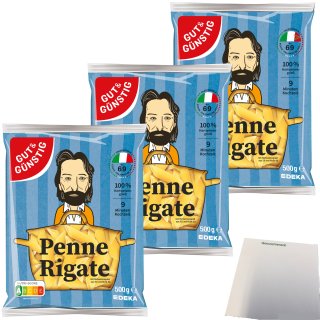 Gut&Günstig Nudeln Penne Rigate Pasta aus Italien 3er Pack (3x500g Beutel) + usy Block