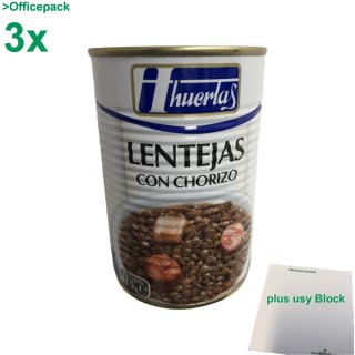 huertas Lentejas con Chorizo (Linsen mit Paprikawurst) Officepack (3x415g Konserve) + usy Block