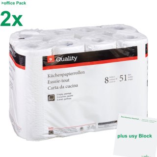 Quality Küchentücher Küchenrolle 3-lagig office Pack (2x8 Rollen je 51 Blatt) plus usy Block Haushalt