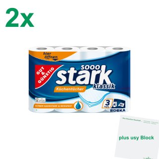 Gut & Günstig Küchentücher Küchenrolle 3-lagig 2er Pack (2x4 Rollen je 51 Blatt) + usy Block