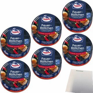 Appel Feuer Röllchen Zerkleinerte Heringsfilets zu Röllchen geformt in scharfer Schaschlik-Sauce 6er Pack (6x200g Dose) + usy Block