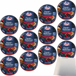 Appel Feuer Röllchen Zerkleinerte Heringsfilets zu Röllchen geformt in scharfer Schaschlik-Sauce 12er Pack (12x200g Dose) + usy Block