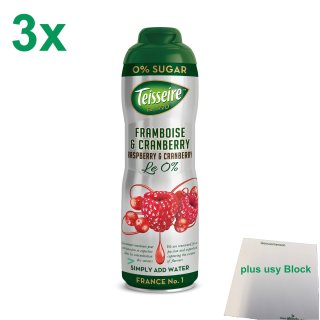 Teisseire Himbeere Cranberry Getränkesirup ohne Zucker 3er Pack (3x600ml Flasche) + usy Block