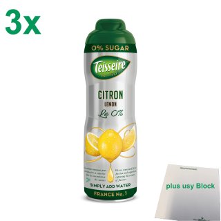 Teisseire Zitrone Getränkesirup ohne Zucker 3er Pack (3x600ml Flasche) + usy Block