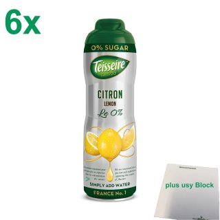 Teisseire Zitrone Getränkesirup ohne Zucker 6er Pack (6x600ml Flasche) + usy Block