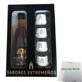 Beso Extremeno Licor de Bellota 17%  Geschenkset (0,7l Flasche Eichellikör + 4 Ton-Becher) + usy Block