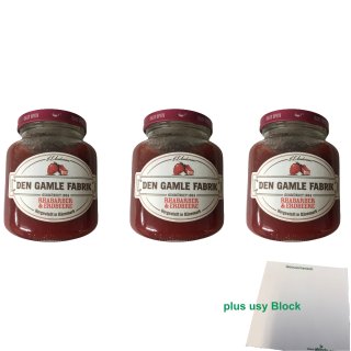 Den Gamle Fabrik Rhabarber&Erdbeere Fruchtaufstrich 3er Pack (3x380g) + usy Block