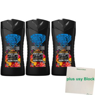AXE Duschgel Skateboard & Fresh Roses Scent (3x250ml Flasche) + usy Block