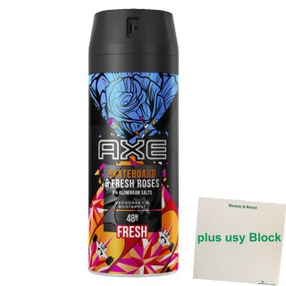 AXE Deospray Skateboard & Fresh Roses (150ml Sprühflasche) + usy Block