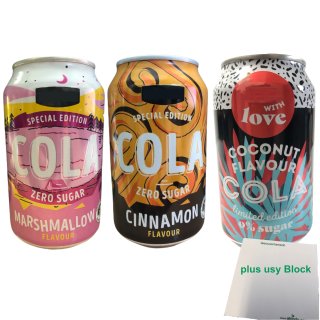 Cola Testpaket: 3 Flavour Sorten: Marshmallow, Coconut und Cinnamon (3x0,33l Dose) + usy Block