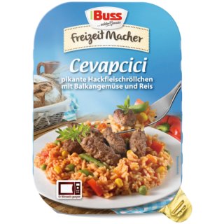 Buss Cevapcici Pikante Hackfleischröllchen mit Balkangemüse und Reis Fertiggericht (300g Packung)