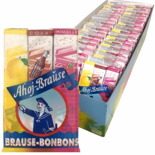 Frigeo Ahoj Brause-Bonbons Stangen 3er Zitrone Cola Himbeer Geschmack (36x69g Packung)