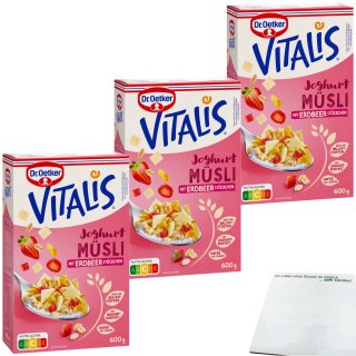 Dr. Oetker Vitalis Joghurtmüsli mit Erdbeerstückchen 3er Pack (3x600g Packung) + usy Block