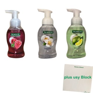 Palmolive Magic Softness Schaum-Handseife Testpaket (je1x250ml Pumpspender Himbeere, Jasmin, Limette) + usy Block