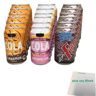 Cola Testpaket: 3 Flavour Sorten: Marshmallow, Dr. Foots und Cinnamon (jeweils 6x0,33l Dose) + usy Block