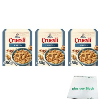 Quaker Cruesli Müsli 4 Sorten Nüsse 3 x 450g (4 Noten) + usy Block