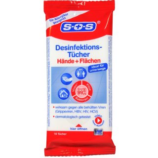 SOS Desinfektionstücher für Hände und Flächen 10 er