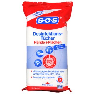 SOS Desinfektionstücher für Hände und Flächen 25 er