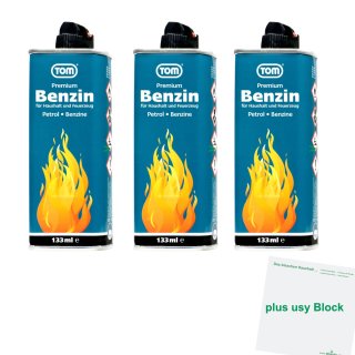 Tom Premium Benzin für Feuerzeuge 3er Pack (3x 133ml Flasche) + usy Block