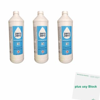 zero.zero Desinfektion für Hände und Haut 0,0% Alkohol 3er Pack (3x1l Flasche) + usy Block