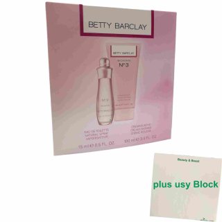 Betty Barclay WOMAN N°3 Geschenkset (15ml Eau de Toilette und 100ml Cremedusche) + usy Block