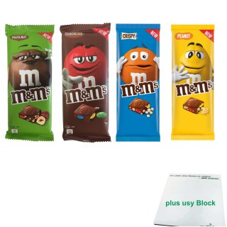 m&ms Schokoladentafel Testpaket mit 1x Chocolate, 1x Hazelnut, 1x Crispy & 1x Peanut (2x165g, 2x150g Tafel) + usy Block