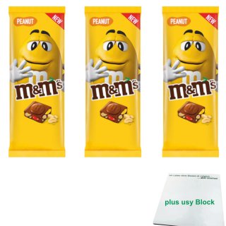 m&ms Peanut Tafel, 165g 3er Pack (3x Milchschokolade mit mini m&ms und knusprigen Erdnüssen) + usy Block